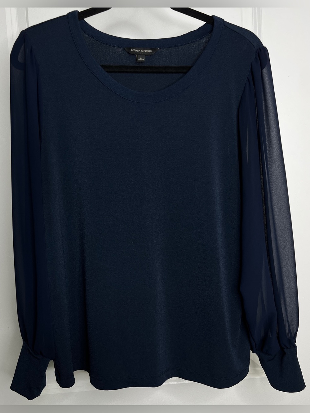 Banana Republic Navy Blue Blouse Sheer Sleeves Elegant Workwear Top Size Large